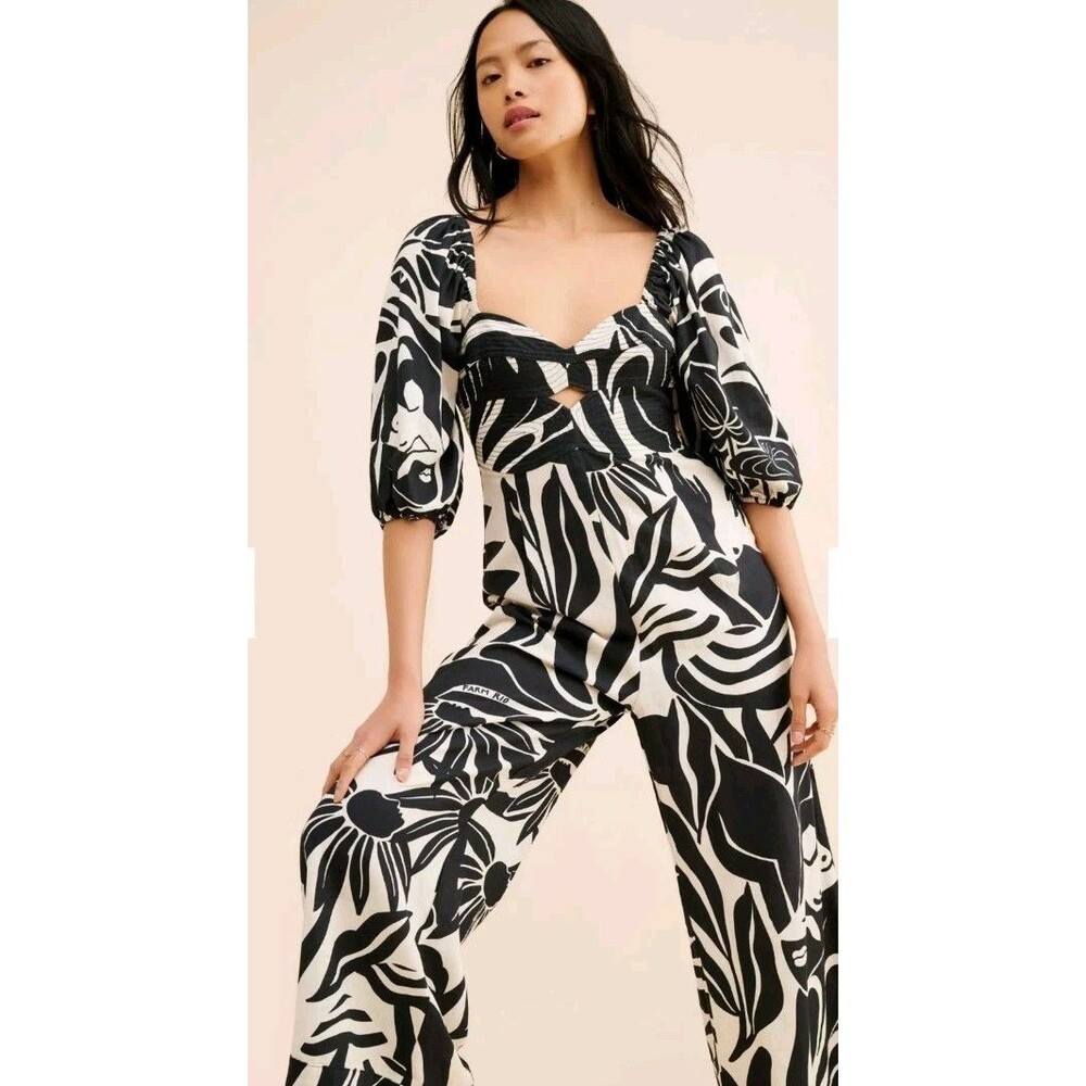 Farm Rio x Anthropologie Puff-Sleeve Printed Linen Jumpsuit Cutout B&W Sz L